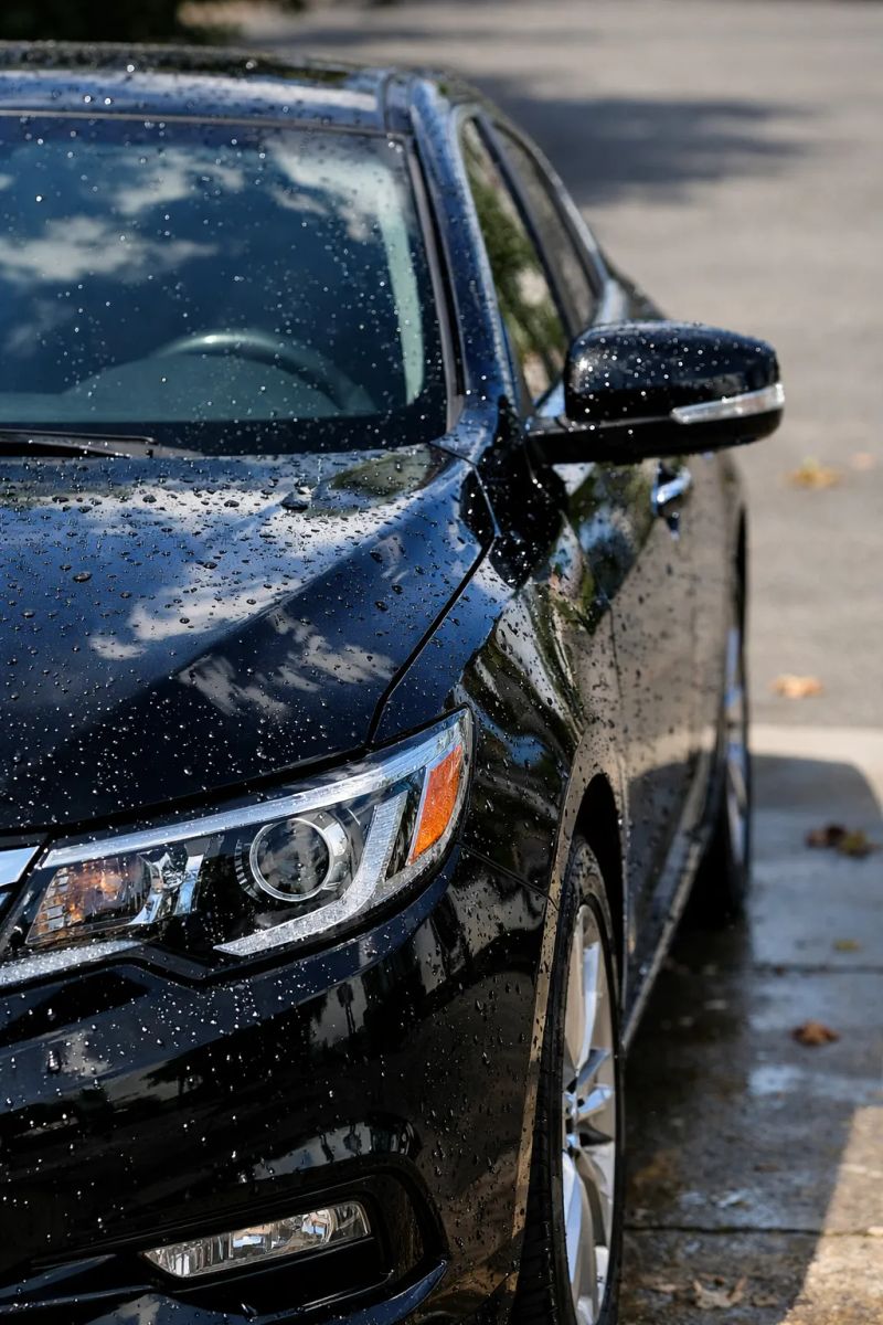 Professional exterior detailing showing a vehicle's polished paint finish and gleaming surfaces.