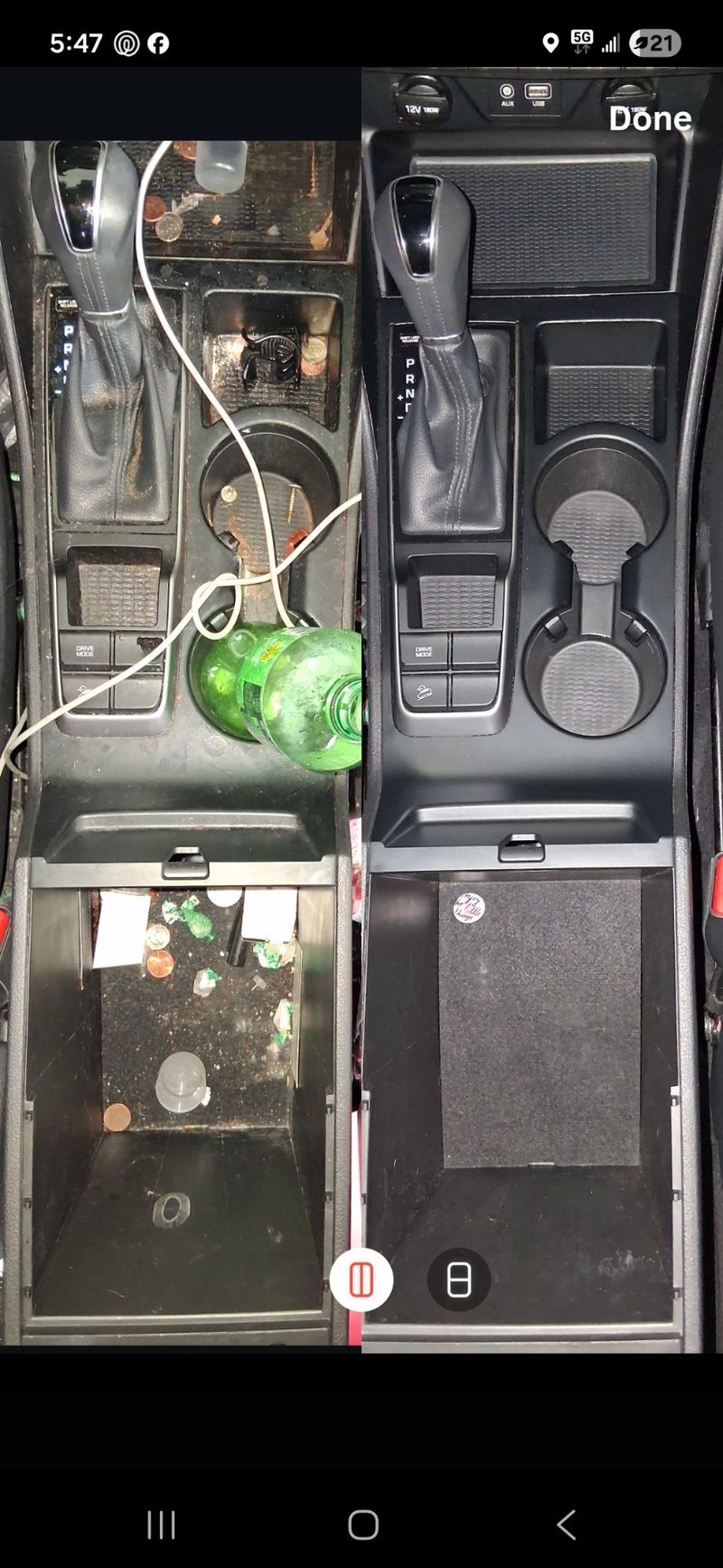 Comparison image showcasing a vehicle's center console and storage area before and after detailed cleaning by Di Paulo's Auto Detailing.